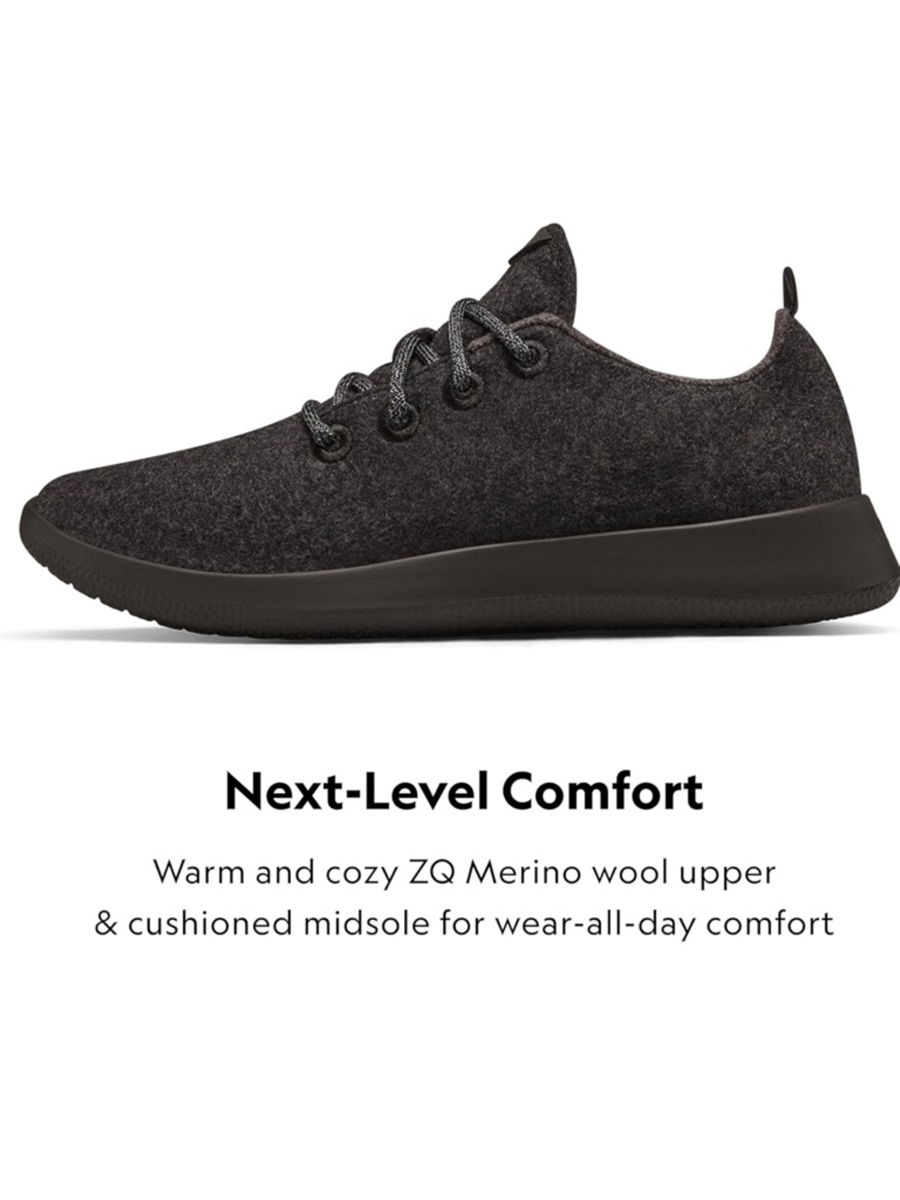 Allbirds Men’s Wool Runner, Everyday Sneakers  Natural Black w Black Sole Size 8